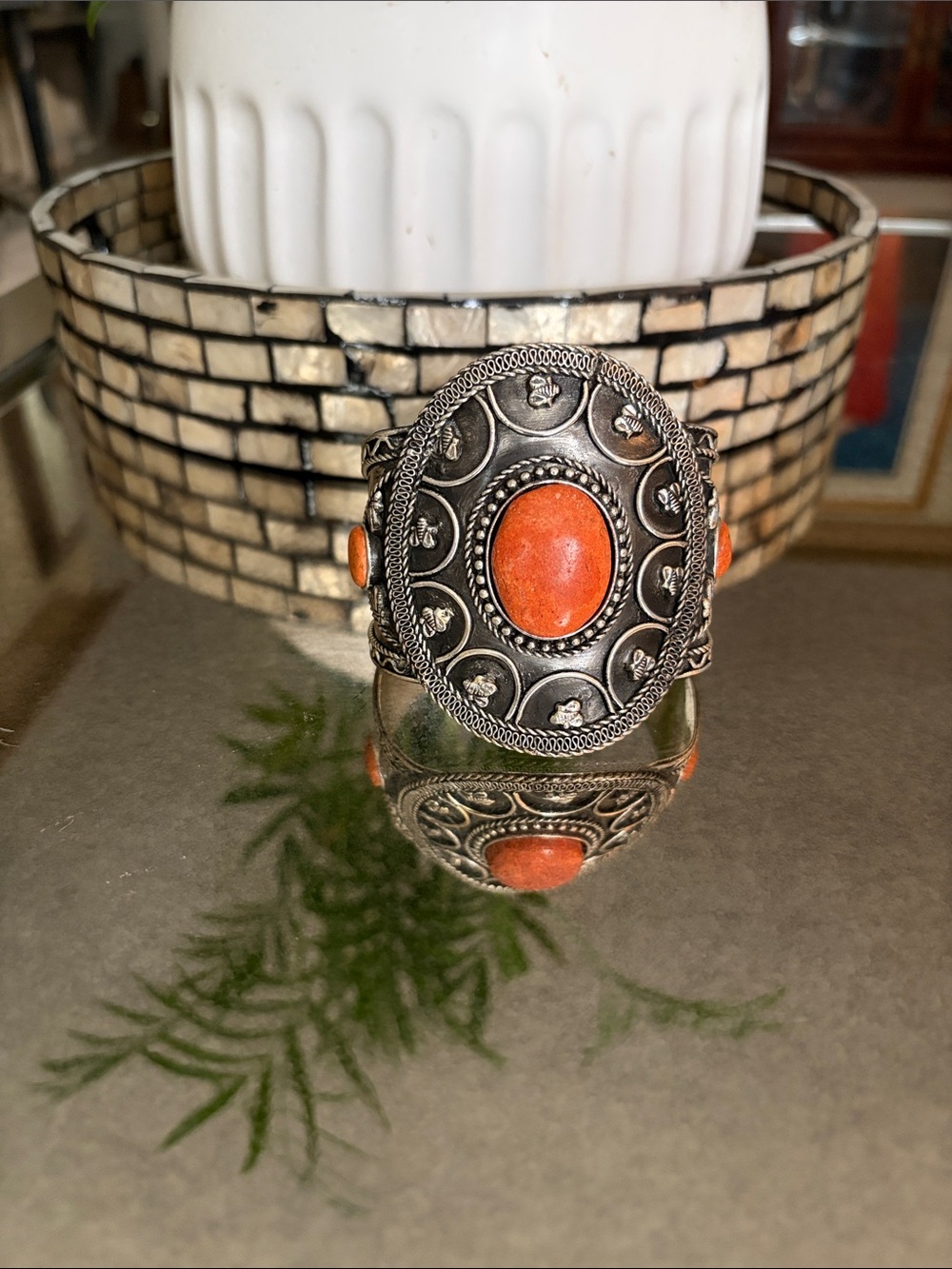 Handcrafted Silver-Tone Cuff Bracelet with Orange Stone